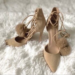 NUDE FUR BALL STRAP HEELS/PUMPS